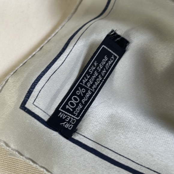 YSL Silk Scarf. Beige with navy border. YSL logo. Approximately 26”x26” - Picture 2 of 5